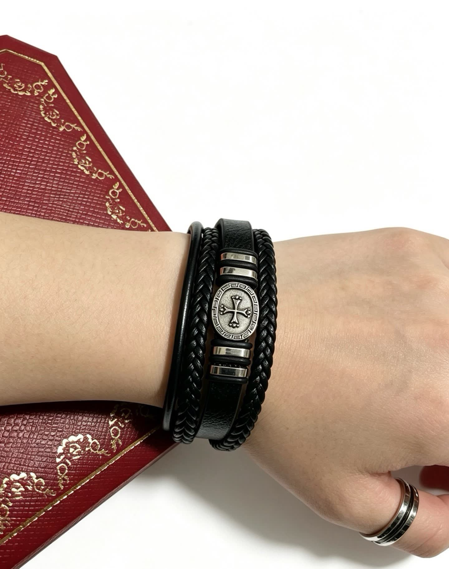 Chrome Hearts Men's Black Leather Bracelet with Silver Accents